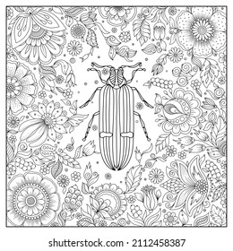 Zentangle stylized cartoon beetle. Hand drawn sketch for adult antistress coloring book page, T-shirt emblem, logo, tattoo with doodle, zentangle design elements. Insect with floral pattern