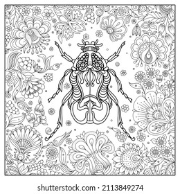 Zentangle stylized cartoon beetle. Hand drawn sketch for adult antistress coloring book page, T-shirt emblem, logo, tattoo with doodle, zentangle design elements. Insect with floral pattern