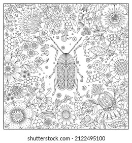 Zentangle estilizó el escarabajo de dibujos animados. Esbozo dibujado a mano para la página del libro de colorear antiestrés para adultos, emblema de camisetas, logotipo, tatuaje con doodle, elementos de diseño de zentángulo.Insectos con patrón floral 