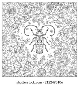 Zentangle stylized cartoon beetle. Hand drawn sketch for adult antistress coloring book page, T-shirt emblem, logo, tattoo with doodle, zentangle design elements. Insect with floral pattern