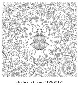 Zentangle estilizó el escarabajo de dibujos animados. Esbozo dibujado a mano para la página del libro de colorear antiestrés para adultos, emblema de camisetas, logotipo, tatuaje con doodle, elementos de diseño de zentángulo.Insectos con patrón floral 