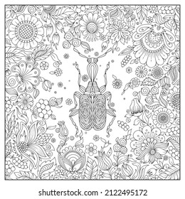 Zentangle stylized cartoon  beetle. Hand drawn sketch for adult antistress coloring book page, T-shirt emblem, logo, tattoo with doodle, zentangle design elements.Insect with floral pattern 