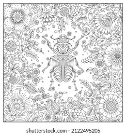 Zentangle stylized cartoon  beetle. Hand drawn sketch for adult antistress coloring book page, T-shirt emblem, logo, tattoo with doodle, zentangle design elements.Insect with floral pattern 