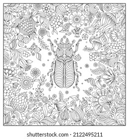 Zentangle stylized cartoon  beetle. Hand drawn sketch for adult antistress coloring book page, T-shirt emblem, logo, tattoo with doodle, zentangle design elements.Insect with floral pattern 
