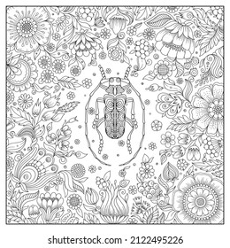 Zentangle stylized cartoon  beetle. Hand drawn sketch for adult antistress coloring book page, T-shirt emblem, logo, tattoo with doodle, zentangle design elements.Insect with floral pattern 