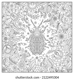 Zentangle estilizó el escarabajo de dibujos animados. Esbozo dibujado a mano para la página del libro de colorear antiestrés para adultos, emblema de camisetas, logotipo, tatuaje con doodle, elementos de diseño de zentángulo.Insectos con patrón floral 