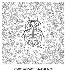 Zentangle stylized cartoon beetle. Hand drawn sketch for adult antistress coloring book page, T-shirt emblem, logo, tattoo with doodle, zentangle design elements. Insect with floral pattern