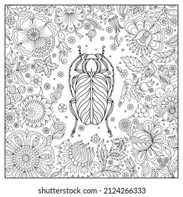 Zentangle stylized cartoon beetle. Hand drawn sketch for adult antistress coloring book page, T-shirt emblem, logo, tattoo with doodle, zentangle design elements. Insect with floral pattern