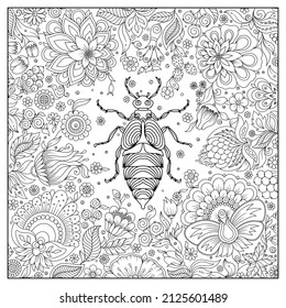 Zentangle stylized cartoon beetle. Hand drawn sketch for adult antistress coloring book page, T-shirt emblem, logo, tattoo with doodle, zentangle design elements. Insect with floral pattern