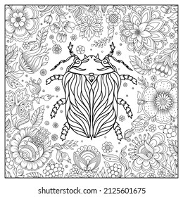 Zentangle stylized cartoon beetle. Hand drawn sketch for adult antistress coloring book page, T-shirt emblem, logo, tattoo with doodle, zentangle design elements. Insect with floral pattern