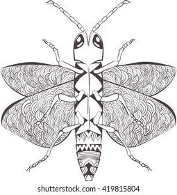 Zentangle stylized cartoon beetle insect, isolated on white background. Sketch for adult antistress coloring page. 
