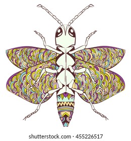 Zentangle stylized cartoon beetle insect, isolated on white background. Sketch for adult antistress coloring page. Hand drawn doodle, zentangle, floral design elements for coloring book.
