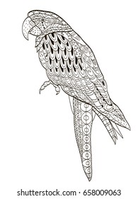 Zentangle stylized cartoon Bird parrot on tree branch. Hand drawn sketch for adult antistress coloring page, T-shirt emblem, logo, tattoo with doodle, zentangle, floral design elements