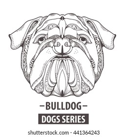 Zentangle stylized cartoon of  bulldog. Hand drawn sketch for adult antistress coloring page, T-shirt emblem, logo or tattoo with doodle of dog