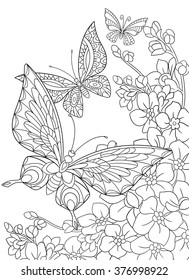 Zentangle stylized cartoon butterfly and sakura flower isolated on white background. Sketch for adult antistress coloring page. Hand drawn floral, doodle, zentangle design elements for coloring book.