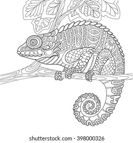 Zentangle stylized cartoon chameleon, isolated on white background. Hand drawn sketch for adult antistress coloring page, T-shirt emblem, logo or tattoo with doodle, zentangle, floral design elements.