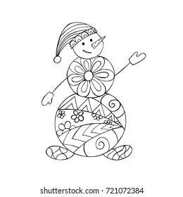 Zentangle stylized cartoon cheerful Snowman. Ornamental pattern for relax and meditation. Vector illustration.