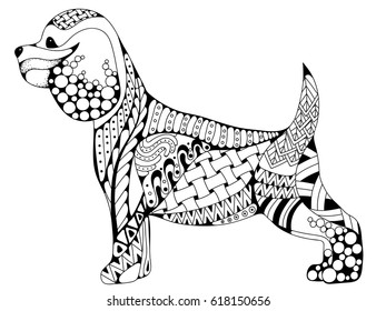 Zentangle stylized cartoon Cocker Spaniel dog, isolated on white. Hand drawn sketch for adult antistress coloring page, T-shirt emblem, logo or tattoo with doodle, zentangle design elements.