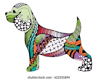 Zentangle stylized cartoon Cocker Spaniel dog, isolated on white. Hand drawn sketch puppy for adult antistress coloring page, T-shirt emblem, logo or tattoo with doodle, zentangle design elements.