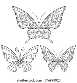Zentangle stylized cartoon collection of butterflies isolated on white background. Sketch for adult antistress coloring page. Hand drawn doodle, zentangle, floral design elements for coloring book.