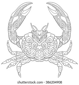 Zentangle stylized cartoon crab, isolated on white background. Sketch for adult antistress coloring page. Hand drawn doodle, zentangle, floral design elements for coloring book.