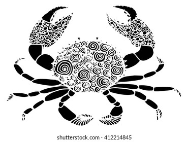 Zen-tangle stylized cartoon crab, isolated on white background. Sketch for adult anti-stress coloring page. Hand drawn doodle, zen-tangle, floral design elements for coloring book.