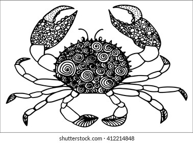Zen-tangle stylized cartoon crab, isolated on white background. Sketch for adult anti-stress coloring page. Hand drawn doodle, zen-tangle, floral design elements for coloring book.