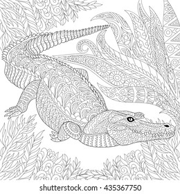 Zentangle stylized cartoon crocodile (alligator) among jungle foliage. Hand drawn sketch for adult antistress coloring page, T-shirt emblem, logo, tattoo with doodle, zentangle, floral design elements