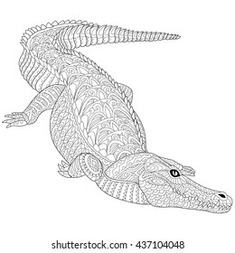 Zentangle stylized cartoon crocodile (alligator) isolated on a white. Hand drawn sketch for adult antistress coloring page, T-shirt emblem, logo, tattoo with doodle, zentangle, floral design elements.