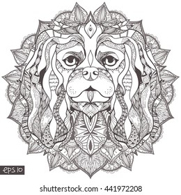 Zentangle stylized cartoon of dog. Hand drawn sketch for adult antistress coloring page, T-shirt emblem, logo or tattoo with doodle