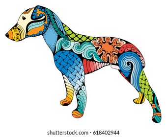 Zentangle stylized cartoon dog, isolated on white background. Hand drawn sketch for adult antistress coloring page, T-shirt emblem, logo or tattoo with doodle, zentangle design elements.