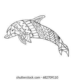 Zentangle stylized cartoon Dolphin. Hand drawn animal for adult coloring page. Vector illustration.