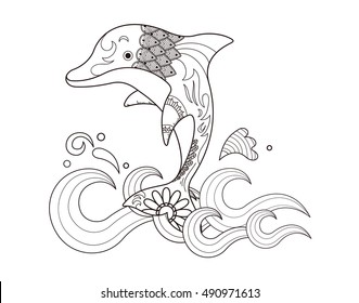 Zentangle stylized cartoon Dolphin insect , isolated on white background. Sketch for adult antistress coloring page. Hand drawn doodle, zentangle, floral design elements for coloring book.
