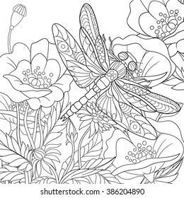 Zentangle stylized cartoon dragonfly insect is flying around poppy flowers. Sketch for adult antistress coloring page. Hand drawn doodle, zentangle, floral design elements for coloring book.