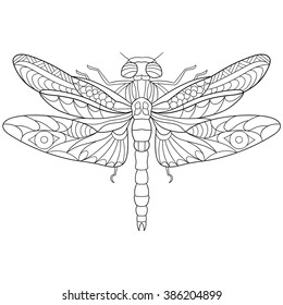 Zentangle stylized cartoon dragonfly insect, isolated on white background. Sketch for adult antistress coloring page. Hand drawn doodle, zentangle, floral design elements for coloring book.