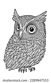 Zentangle stylized cartoon eagle owl, isolated on white background. Hand drawn sketch for adult anti-stress colouring page, T-shirt emblem, doodle, design room, cover, book and colouring page.