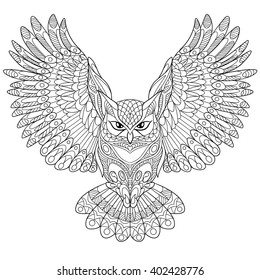 Zentangle stylized cartoon eagle owl, isolated on white background. Hand drawn sketch for adult antistress coloring page, T-shirt emblem, logo or tattoo with doodle, zentangle, floral design elements.