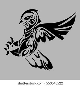 Zentangle stylized cartoon eagle owl, isolated on grey background. Hand drawn sketch for adult antistress coloring page, T-shirt emblem, logo or tattoo with doodle, zentangle, floral design elements.