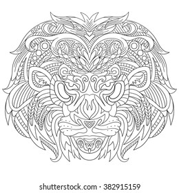 Zentangle stylized cartoon face of lion, isolated on white background. Sketch for adult antistress coloring page. Hand drawn doodle, zentangle, floral design elements for coloring book.