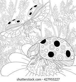 Zentangle stylized cartoon flying ladybugs and daisy flowers. Hand drawn sketch for adult anti stress coloring page, T-shirt emblem, logo or tattoo with doodle, zentangle, floral design elements.