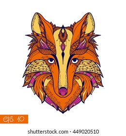 Zentangle stylized cartoon of fox. Hand drawn sketch for adult antistress coloring page, T-shirt emblem, logo or tattoo with doodle
