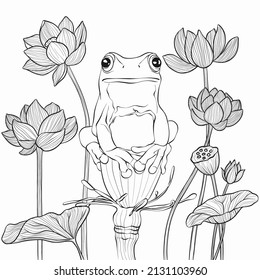 Zentangle stylized cartoon frog sitting among  flowers. Sketch for adult antistress coloring page. Hand drawn doodle, zentangle, floral design elements for coloring book.