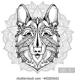 Zentangle stylized cartoon of GERMAN SHEPHERD. Hand drawn sketch for adult antistress coloring page, T-shirt emblem, logo or tattoo with doodle