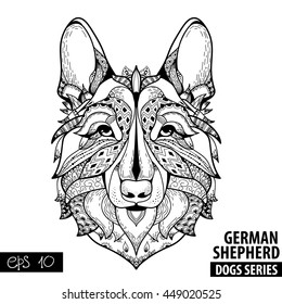 Zentangle stylized cartoon of GERMAN SHEPHERD. Hand drawn sketch for adult antistress coloring page, T-shirt emblem, logo or tattoo with doodle