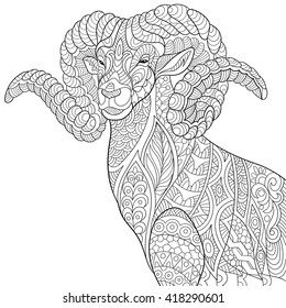 Zentangle stylized cartoon goat (ram, ibex, aries, capricorn zodiac). Hand drawn sketch for adult antistress coloring page, T-shirt emblem, logo, tattoo with doodle, zentangle, floral design elements.