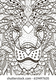 Zentangle stylized cartoon head of a lion. Hand drawn sketch for adult antistress coloring page, T-shirt emblem, logo or tattoo with doodle, zentangle, floral design elements tiger, cat.