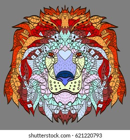 Zentangle stylized cartoon head of a lion. Hand drawn sketch for adult antistress coloring page, T-shirt emblem, logo or tattoo with doodle, zentangle, floral design elements tiger, cat.