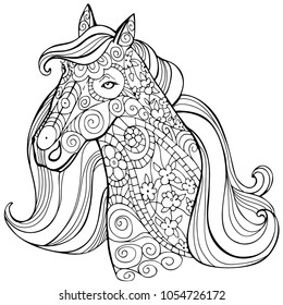 Zentangle stylized cartoon horse isolated on white background. Perfect for adult antistress coloring page, T shirt print, logo or tattoo with doodle, invitation, greeting card.