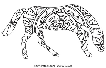 Zentangle stylized cartoon horse (mustang), isolated on white background. Hand drawn sketch for adult antistress coloring page, T-shirt emblem, logo or tattoo with doodle, zentangle design elements.