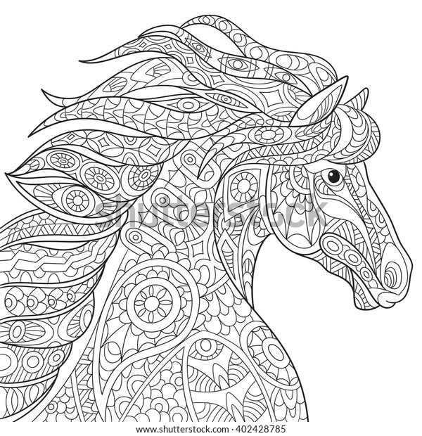 Zentangle stylized cartoon horse (mustang),\
isolated on white background. Hand drawn sketch for adult\
antistress coloring page, T-shirt emblem, logo or tattoo with\
doodle, zentangle design\
elements.